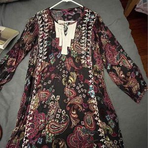 Amazing Moroccan Chocolate Paisley Print Tunic Dress W/ Hand Embroidery, s/m